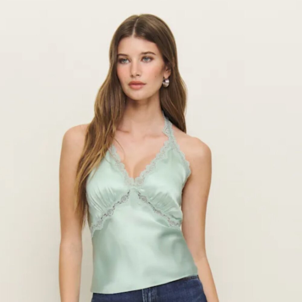 NWOT Reformation Monica Silk Top Sea Glass S